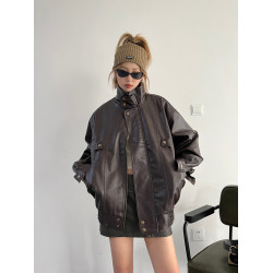 2025新款港風美式復古vintage立領巧克力咖啡色短皮衣夾克外套女