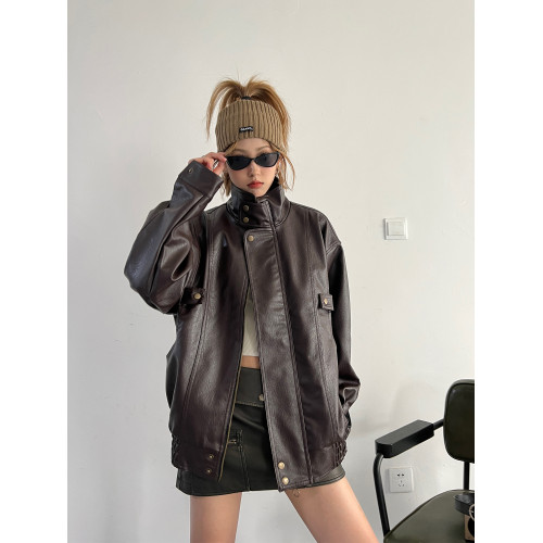 2025新款港風美式復古vintage立領巧克力咖啡色短皮衣夾克外套女 2025新款港風美式復古vintage立領巧克力咖啡色短皮衣夾克外套女