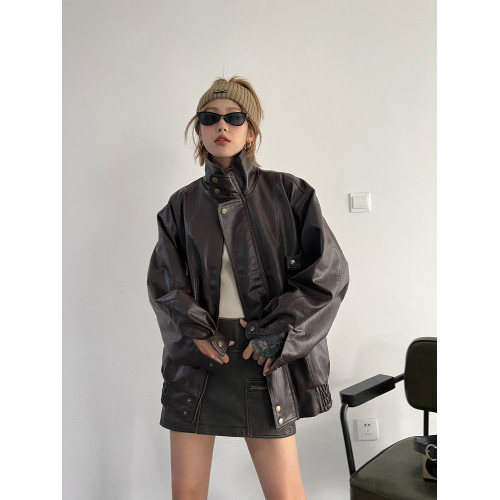 2025新款港風美式復古vintage立領巧克力咖啡色短皮衣夾克外套女 2025新款港風美式復古vintage立領巧克力咖啡色短皮衣夾克外套女