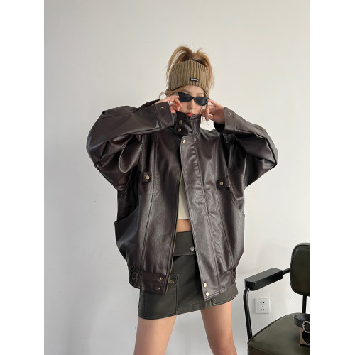 2025新款港風美式復古vintage立領巧克力咖啡色短皮衣夾克外套女 2025新款港風美式復古vintage立領巧克力咖啡色短皮衣夾克外套女