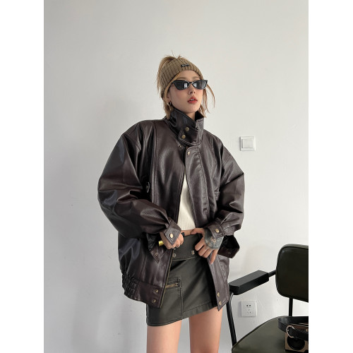 2025新款港風美式復古vintage立領巧克力咖啡色短皮衣夾克外套女 2025新款港風美式復古vintage立領巧克力咖啡色短皮衣夾克外套女