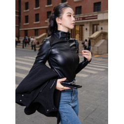 MOONA黑色皮衣打底衫女秋冬薄絨高彈力修身機車外穿內搭緊身上衣