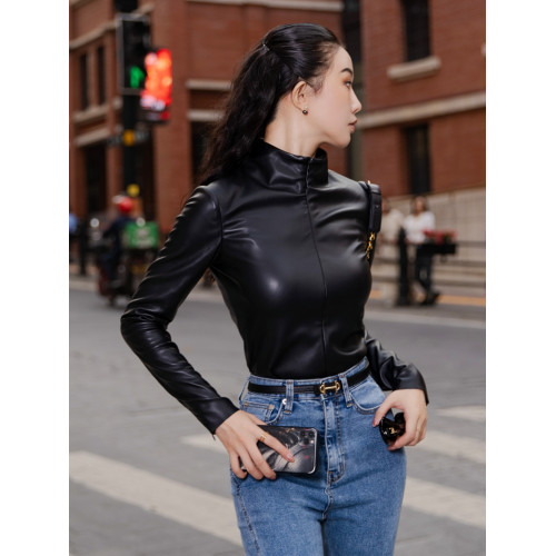 MOONA黑色皮衣打底衫女秋冬薄絨高彈力修身機車外穿內搭緊身上衣 MOONA黑色皮衣打底衫女秋冬薄絨高彈力修身機車外穿內搭緊身上衣