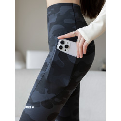 迷彩雙口袋鯊魚褲女秋冬加絨高腰收腹提臀大碼瑜珈跑步健身打底褲