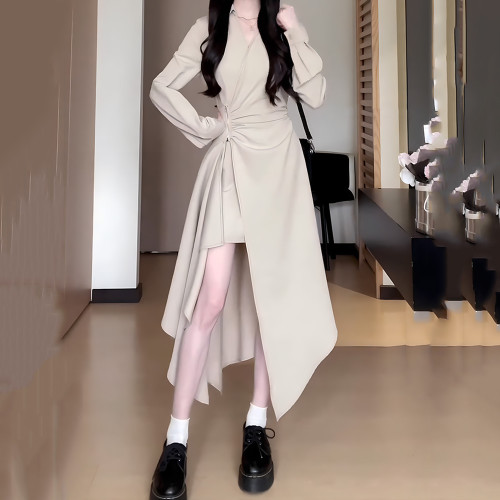 大碼不規則黑色拉鍊連衣裙女開春新款胖mm收腰梨形身材顯瘦小裙子