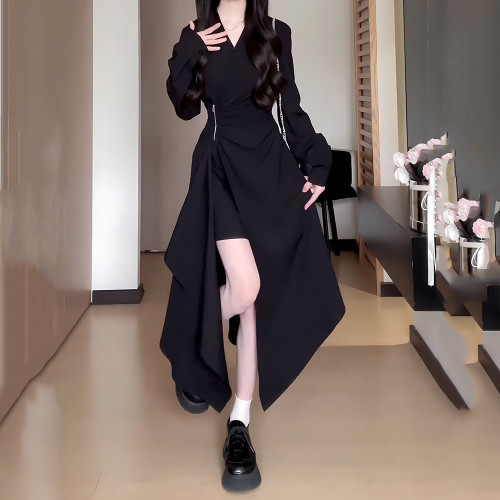 大碼不規則黑色拉鍊連衣裙女開春新款胖mm收腰梨形身材顯瘦小裙子