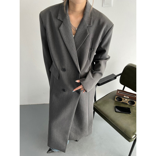 ins春秋新款氣場強大廓形垂墜感寬松顯瘦韓版長款西裝風衣外套女 ins春秋新款氣場強大廓形垂墜感寬松顯瘦韓版長款西裝風衣外套女