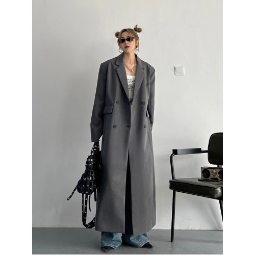 ins春秋新款氣場強大廓形垂墜感寬松顯瘦韓版長款西裝風衣外套女 ins春秋新款氣場強大廓形垂墜感寬松顯瘦韓版長款西裝風衣外套女