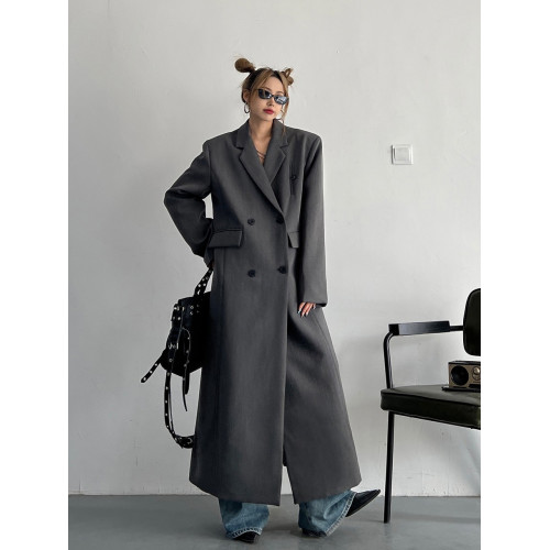 ins春秋新款氣場強大廓形垂墜感寬松顯瘦韓版長款西裝風衣外套女 ins春秋新款氣場強大廓形垂墜感寬松顯瘦韓版長款西裝風衣外套女