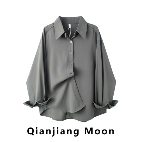 深灰色翻領純色長袖襯衫女夏季新款小衆別致顯瘦寬松襯衣外搭上衣