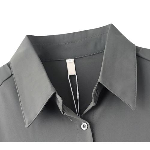 深灰色翻領純色長袖襯衫女夏季新款小衆別致顯瘦寬松襯衣外搭上衣