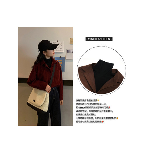 燈芯絨襯衫女加厚曡穿冬季寬松外穿假兩件上衣港味復古咖啡色襯衣