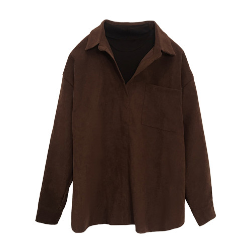 燈芯絨襯衫女加厚曡穿冬季寬松外穿假兩件上衣港味復古咖啡色襯衣