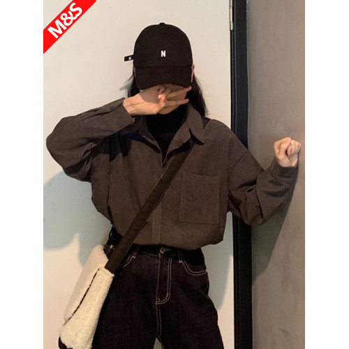 燈芯絨襯衫女加厚曡穿冬季寬松外穿假兩件上衣港味復古咖啡色襯衣