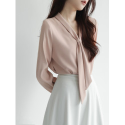 職業通勤溫柔風粉色飄帶襯衫女秋季新款知性優雅高級氣質長袖上衣