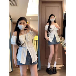 微胖女生設計感顯瘦一字肩短袖襯衫女夏季新款收腰顯瘦甜辣風上衣