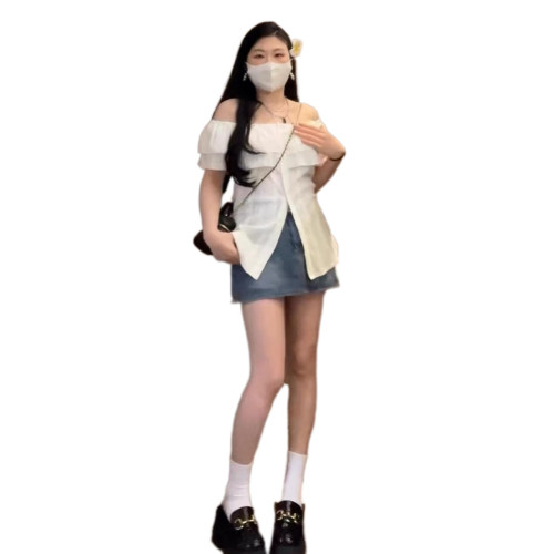 微胖女生設計感顯瘦一字肩短袖襯衫女夏季新款收腰顯瘦甜辣風上衣