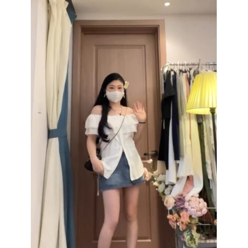 微胖女生設計感顯瘦一字肩短袖襯衫女夏季新款收腰顯瘦甜辣風上衣