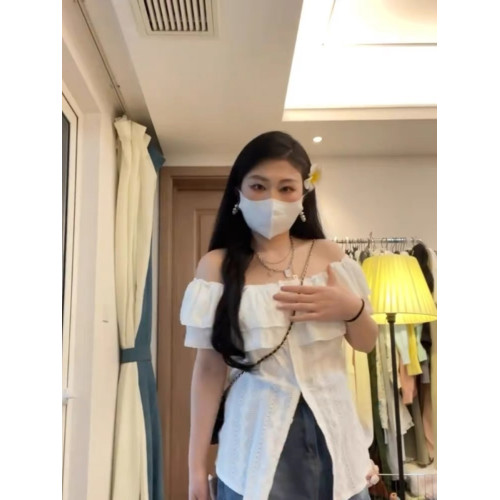 微胖女生設計感顯瘦一字肩短袖襯衫女夏季新款收腰顯瘦甜辣風上衣