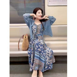 今年流行漂亮套裝長裙女小個子高級時尚藍色針織衫茶歇法式連衣裙