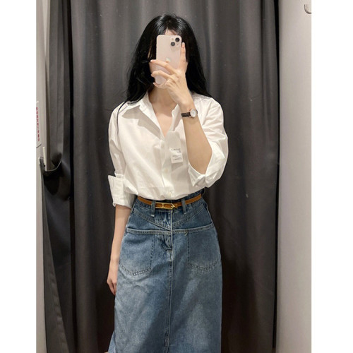 高級感氣質白色長袖上衣女曡穿春季韓版百搭別致寬松襯衫外穿顯瘦