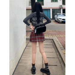 美式格子百褶短裙女大碼胖mm秋季辣妹高腰a字包臀防走光jk半身裙