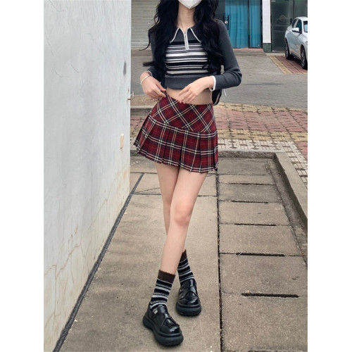 美式格子百褶短裙女大碼胖mm秋季辣妹高腰a字包臀防走光jk半身裙