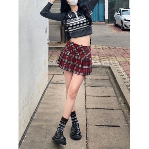 美式格子百褶短裙女大碼胖mm秋季辣妹高腰a字包臀防走光jk半身裙