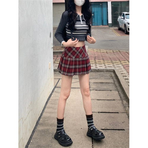 美式格子百褶短裙女大碼胖mm秋季辣妹高腰a字包臀防走光jk半身裙