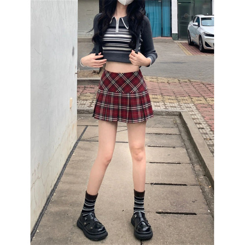 美式格子百褶短裙女大碼胖mm秋季辣妹高腰a字包臀防走光jk半身裙