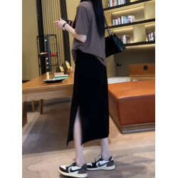 梨形身材大碼高腰顯瘦黑色半身裙女夏季新款彈力中長款開叉A字裙
