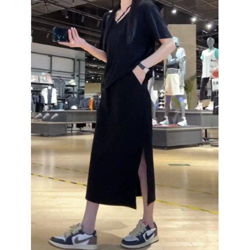 梨形身材大碼高腰顯瘦黑色半身裙女夏季新款彈力中長款開叉A字裙