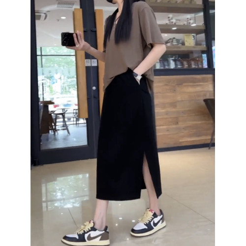 梨形身材大碼高腰顯瘦黑色半身裙女夏季新款彈力中長款開叉A字裙