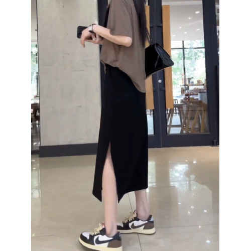 梨形身材大碼高腰顯瘦黑色半身裙女夏季新款彈力中長款開叉A字裙