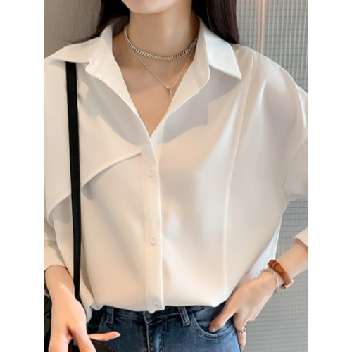 秋裝白色雪紡襯衫上衣女長袖大碼胖mm200斤設計感職業面試OL襯衣