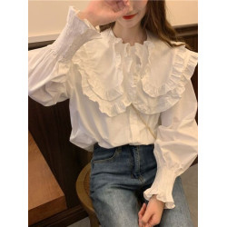 大碼女裝春季2025新款設計感荷葉領襯衣顯瘦泡泡長袖白色襯衫上衣