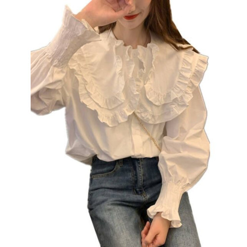 大碼女裝春季2025新款設計感荷葉領襯衣顯瘦泡泡長袖白色襯衫上衣