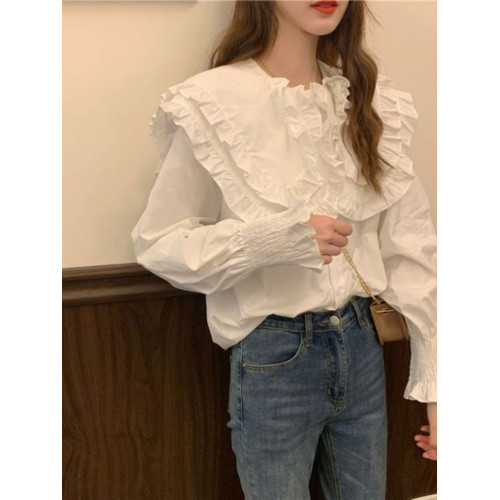 大碼女裝春季2025新款設計感荷葉領襯衣顯瘦泡泡長袖白色襯衫上衣