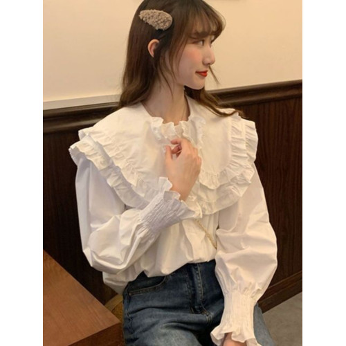 大碼女裝春季2025新款設計感荷葉領襯衣顯瘦泡泡長袖白色襯衫上衣