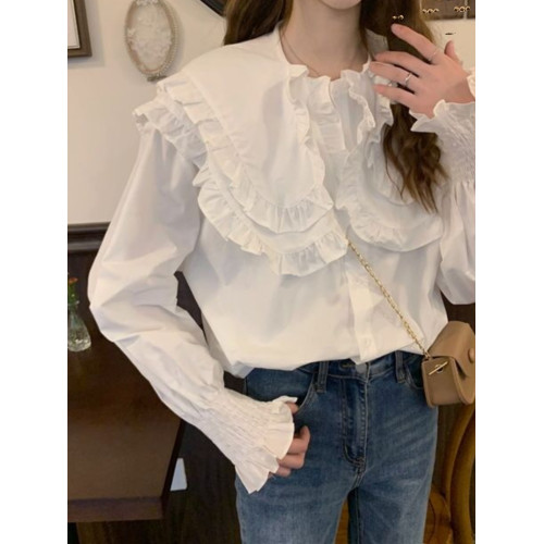 大碼女裝春季2025新款設計感荷葉領襯衣顯瘦泡泡長袖白色襯衫上衣