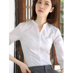 v領白襯衫女職業正裝夏季七分袖通勤修身立領襯衣大碼4S店工作服