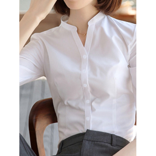 v領白襯衫女職業正裝夏季七分袖通勤修身立領襯衣大碼4S店工作服