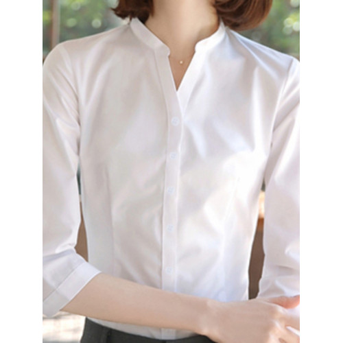 v領白襯衫女職業正裝夏季七分袖通勤修身立領襯衣大碼4S店工作服