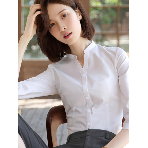 v領白襯衫女職業正裝夏季七分袖通勤修身立領襯衣大碼4S店工作服