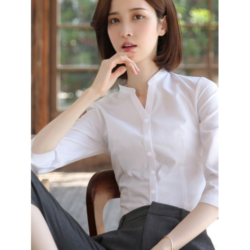 v領白襯衫女職業正裝夏季七分袖通勤修身立領襯衣大碼4S店工作服