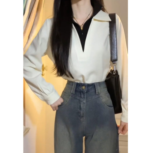 2025早秋新款白色假兩件拼接襯衫女法式翻領襯衣韓系穿搭曡穿上衣