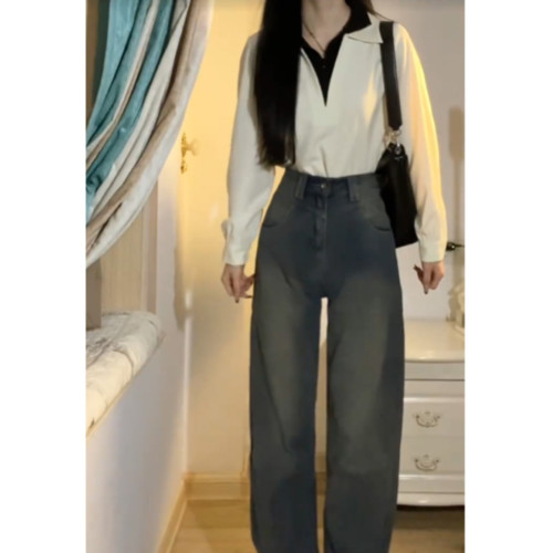 2025早秋新款白色假兩件拼接襯衫女法式翻領襯衣韓系穿搭曡穿上衣