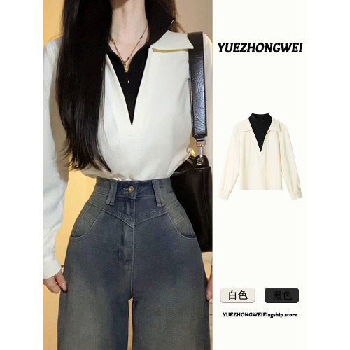 2025早秋新款白色假兩件拼接襯衫女法式翻領襯衣韓系穿搭曡穿上衣