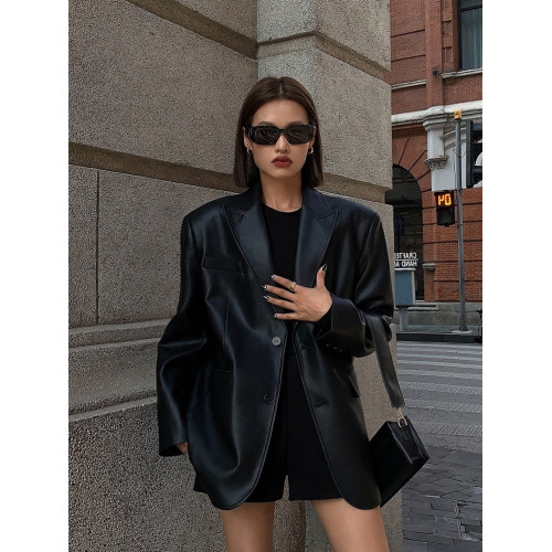 黑色皮衣西裝外套女2025秋季復古高級感寬松爆款小西服pu皮設計感 黑色皮衣西裝外套女2025秋季復古高級感寬松爆款小西服pu皮設計感
