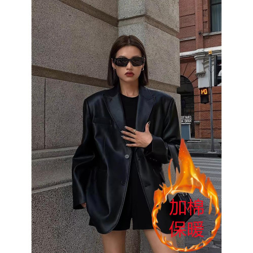 黑色皮衣西裝外套女2025秋季復古高級感寬松爆款小西服pu皮設計感 黑色皮衣西裝外套女2025秋季復古高級感寬松爆款小西服pu皮設計感
